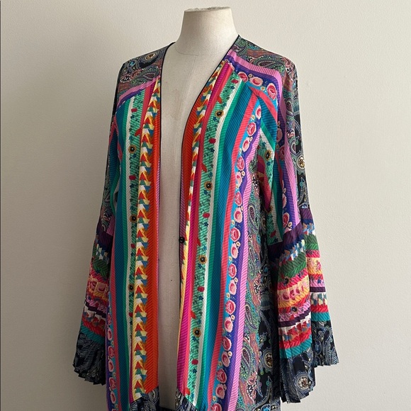 Johnny Was SILK GEMMA PLEATED Colorful Bohemian LONG KIMONO sz Large NWT - Picture 10 of 11